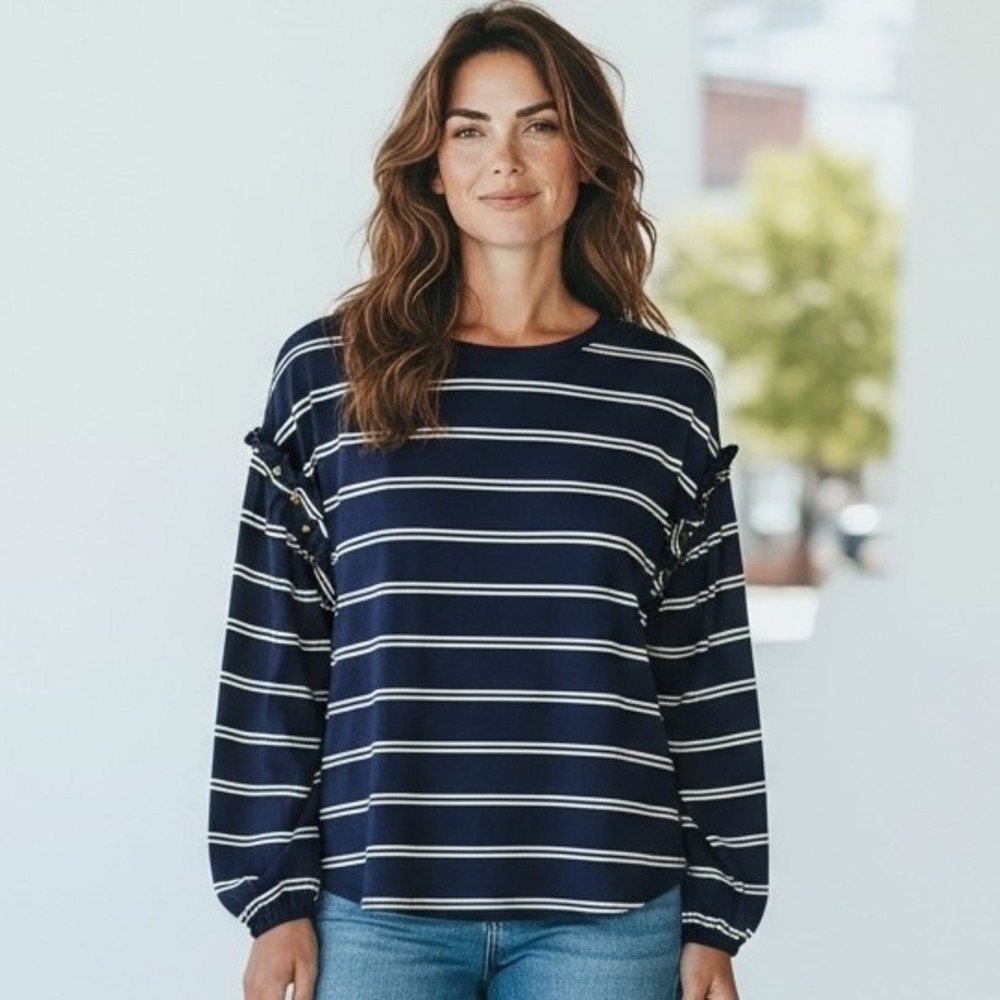 CUPiO Navy‎ White Stripe Long Sleeve Ruffle Button Detail Top Size S